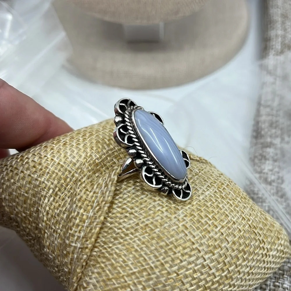 💍 Vintage CII Mexico Sterling Silver Blue Lace Agate Ring - Size 7, 10.5g - Picture 10 of 15